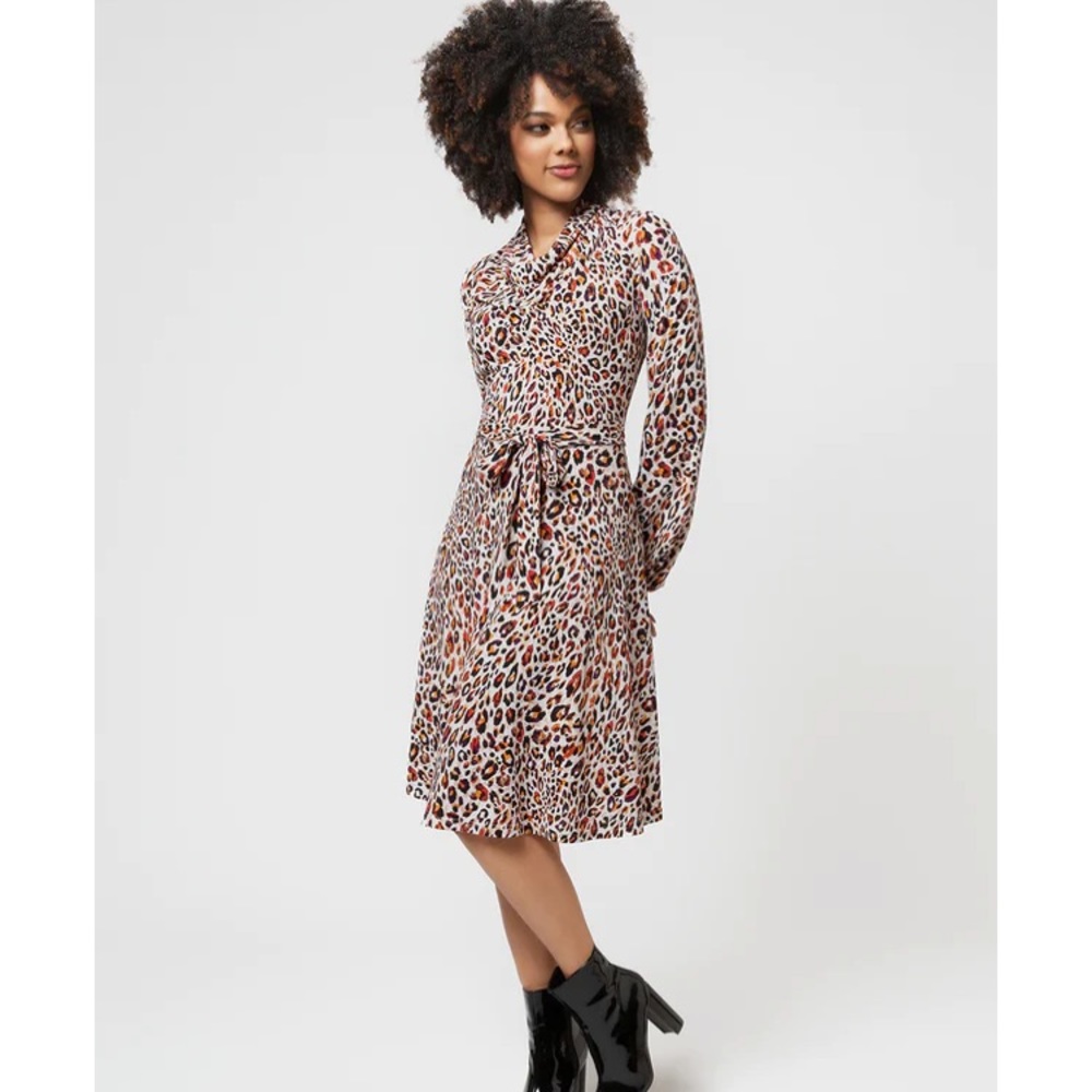 Leota Mallory Dress Leopard Macadamia Crepe Long Sleeve XS NWT